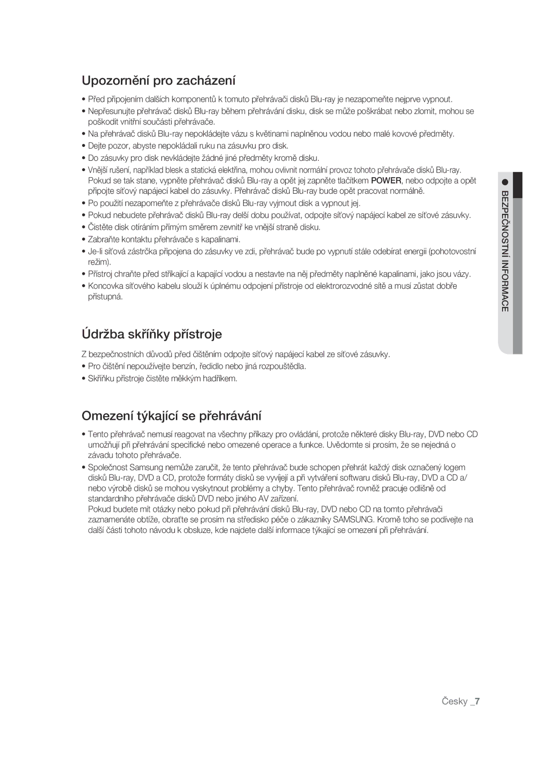 Samsung BD-P4600/EDC manual Upozornění pro zacházení, Údržba skříňky přístroje, Omezení týkající se přehrávání 