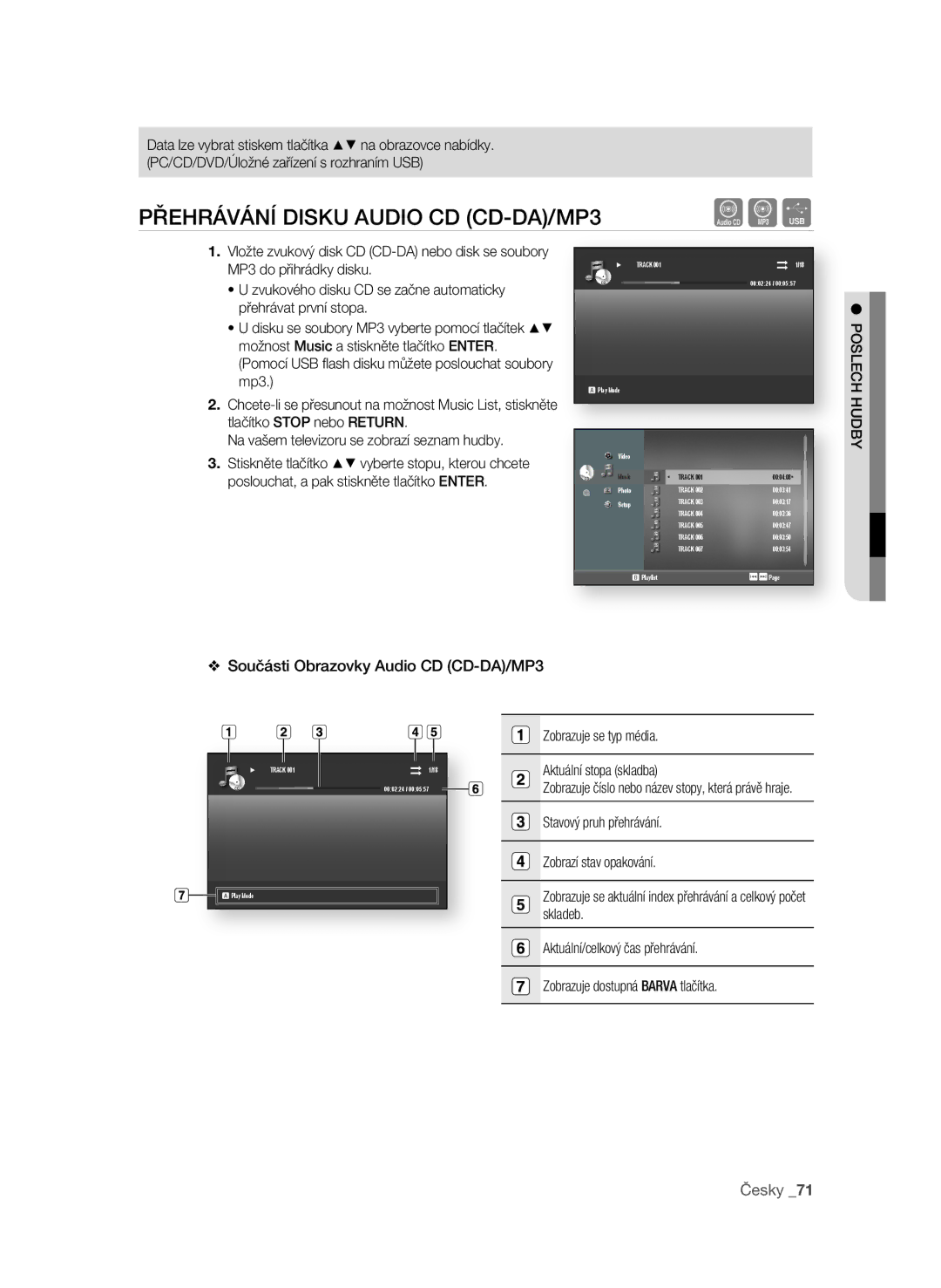 Samsung BD-P4600/EDC manual PřehráVání DiSKu auDio cD cD-Da/mp3, Součásti obrazovky audio cD cD-Da/mp3, PoSlech huDby 