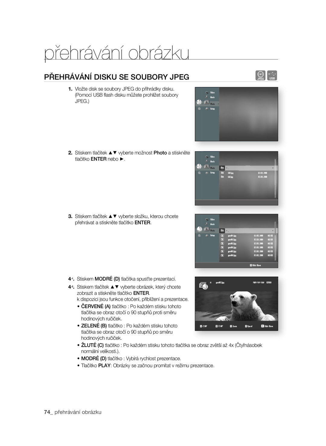 Samsung BD-P4600/EDC manual Přehrávání obrázku, PřehráVání DiSKu Se Soubory Jpeg 