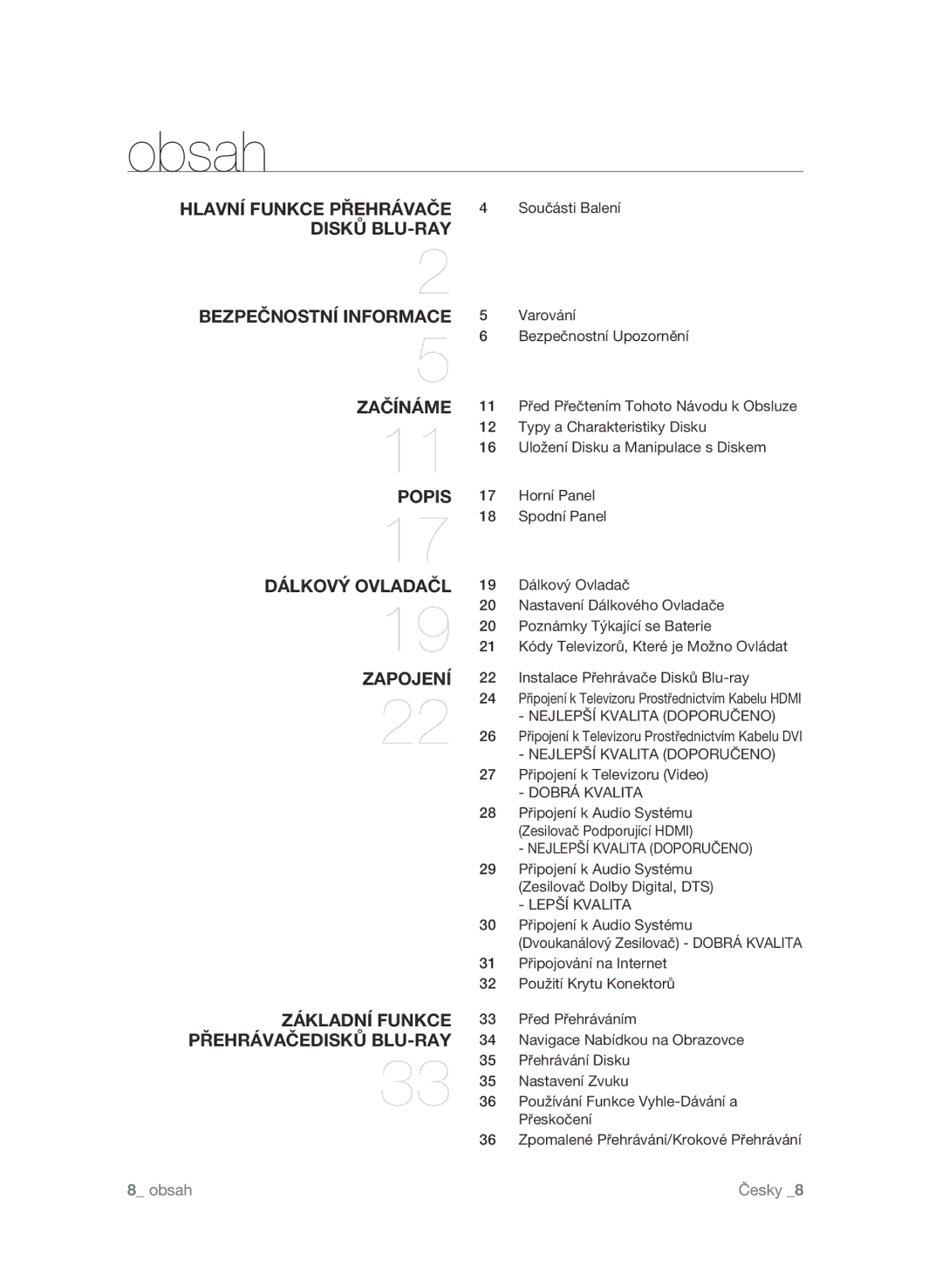 Samsung BD-P4600/EDC manual Obsah, Nejlepší Kvalita Doporučeno, Dobrá Kvalita, Lepší Kvalita 