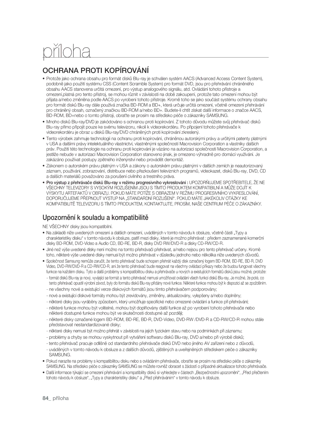 Samsung BD-P4600/EDC manual Ochrana Proti Kopírování, Upozornění k souladu a kompatibilitě 