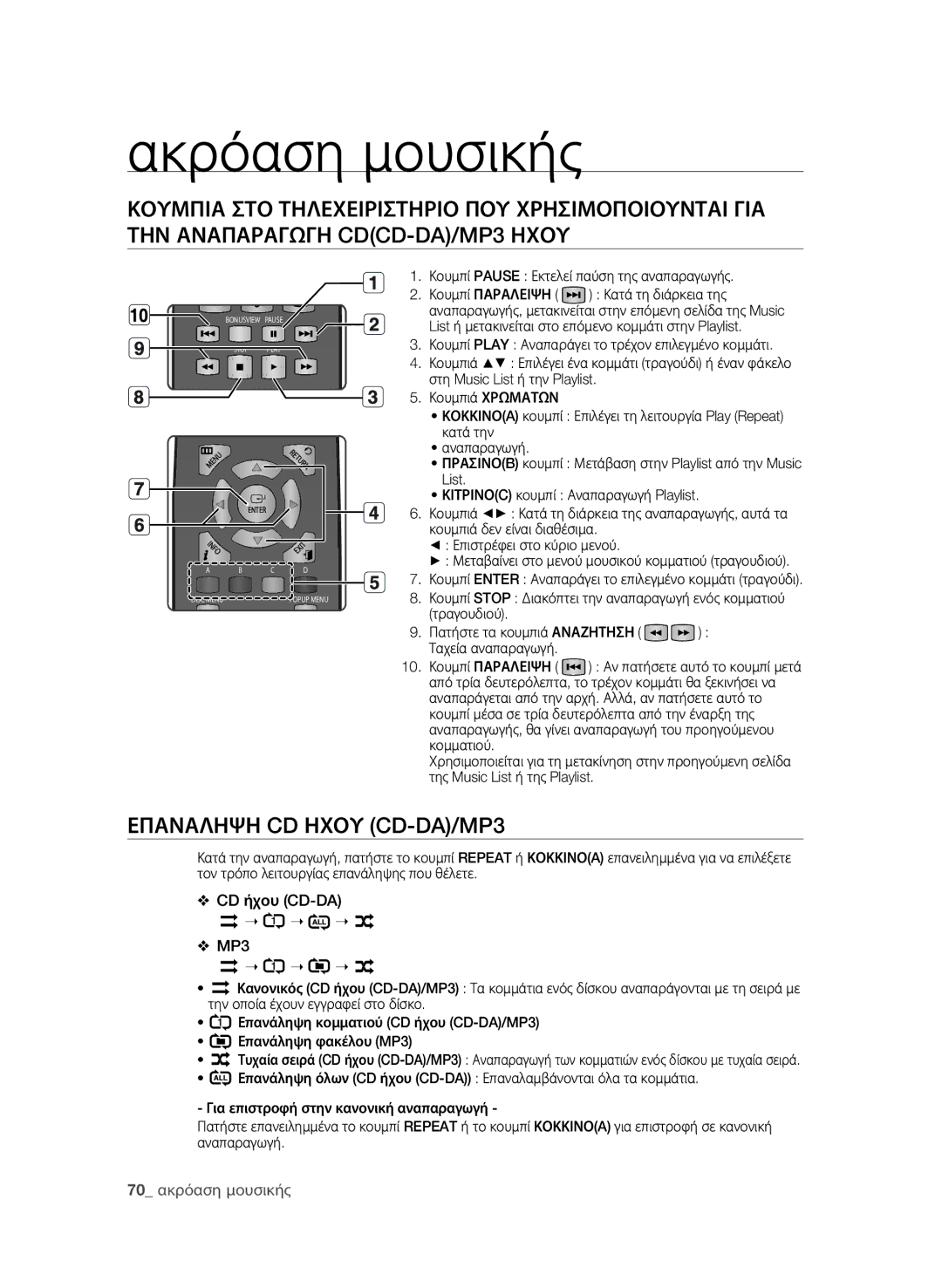 Samsung BD-P4600/EDC manual Ακρόαση μουσικής, Επαναληψη CD Ηχου CD-DA/MP3, CD ήχου CD-DA MP3 