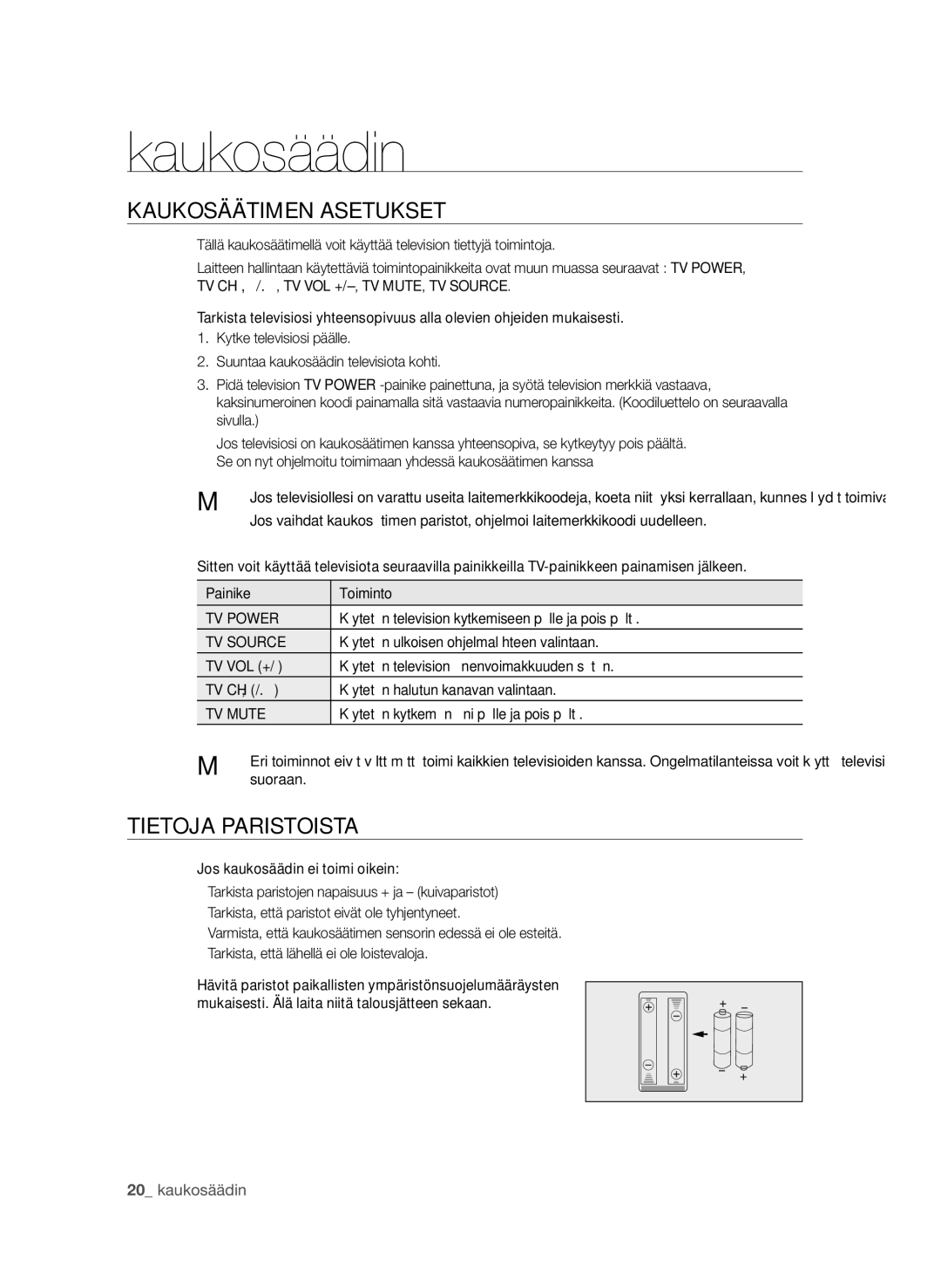 Samsung BD-P4600/XEE manual KaukoSäätimen aSetukSet, Tietoja PariStoiSta, TV Power, TV Source, TV Mute 