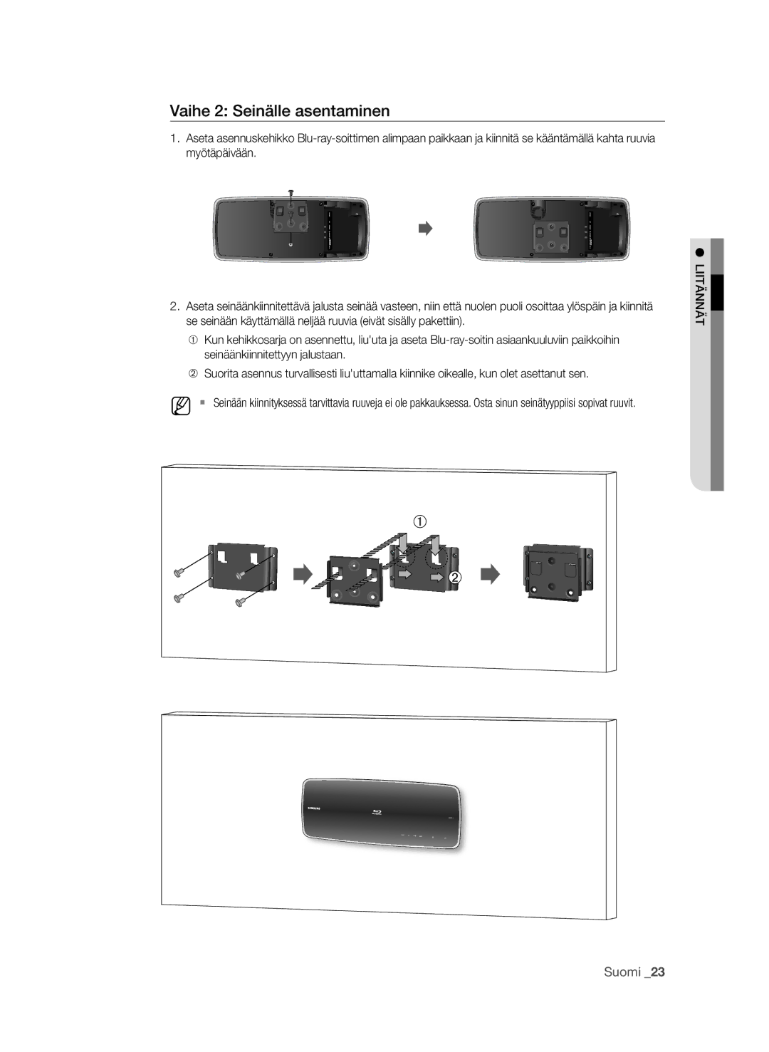 Samsung BD-P4600/XEE manual Vaihe 2 Seinälle asentaminen, Liitännät 