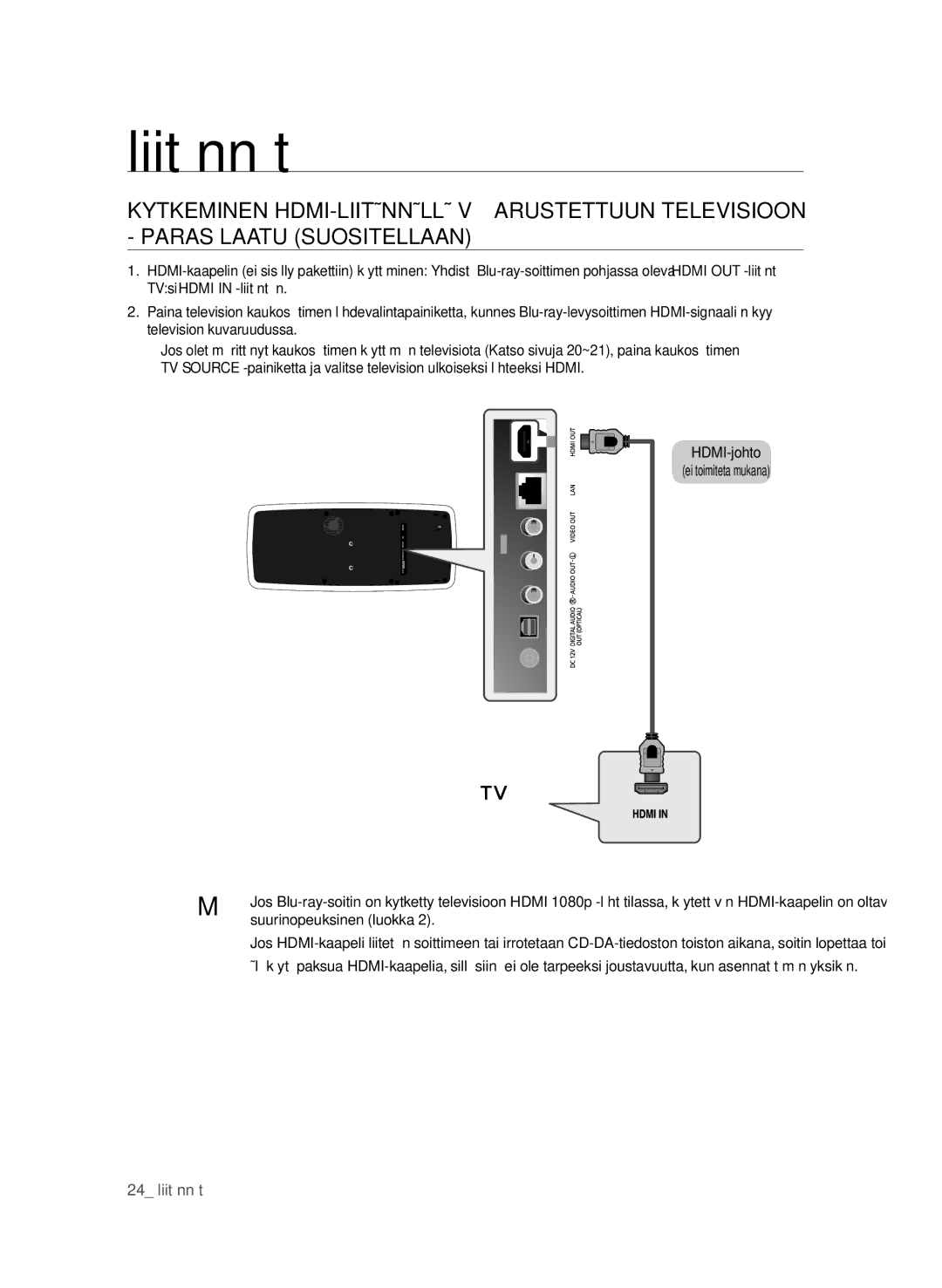 Samsung BD-P4600/XEE manual Kytkeminen HDMI-liitännällä varustettuun televisioon, Suurinopeuksinen luokka 