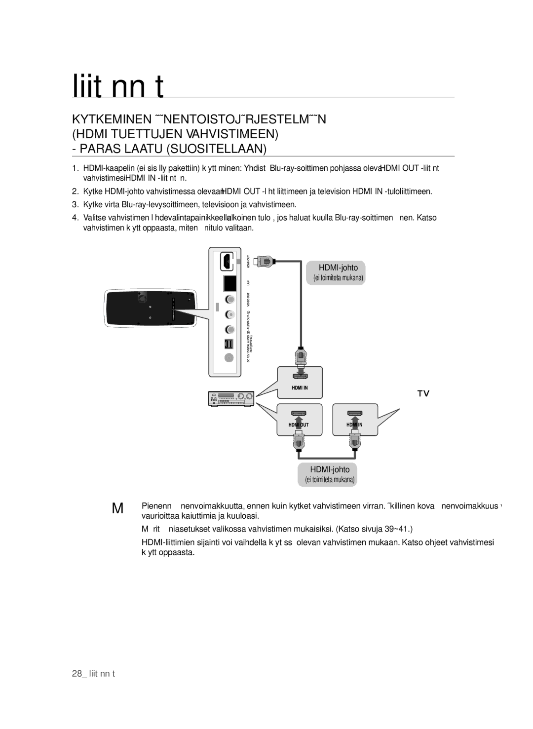 Samsung BD-P4600/XEE manual HDMI-johto, Ei toimiteta mukana, Vaurioittaa kaiuttimia ja kuuloasi, Käyttöoppaasta 