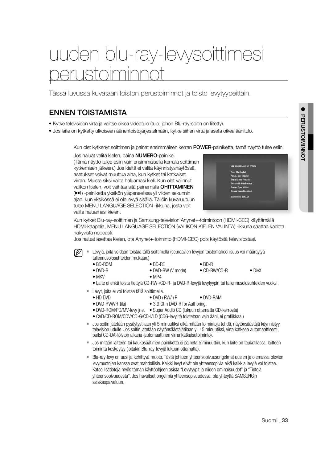 Samsung BD-P4600/XEE manual Ennen toiStamiSta, Bd-Rom Bd-Re, Cd-Rw/Cd-R, Mkv, Hd Dvd Dvd+Rw/+R 