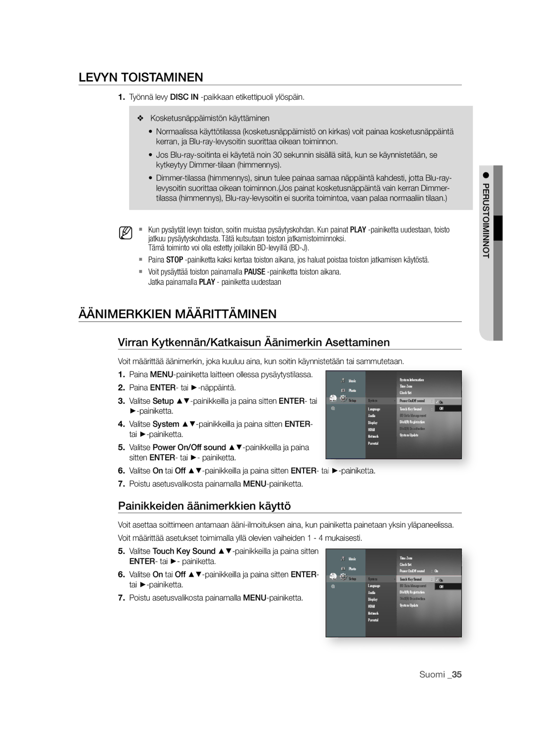 Samsung BD-P4600/XEE LeVyn toiStaminen, Äänimerkkien määrittäminen, Virran kytkennän/katkaisun äänimerkin asettaminen 