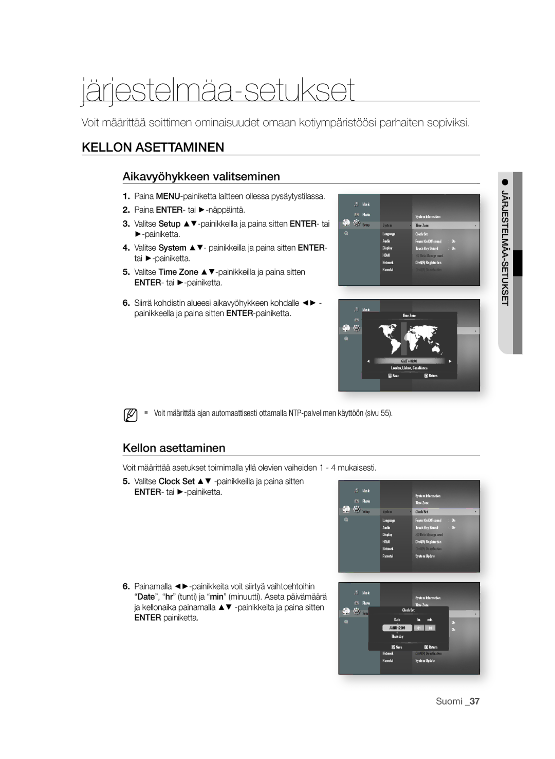 Samsung BD-P4600/XEE manual Järjestelmäa-setukset, Kellon aSettaminen, Aikavyöhykkeen valitseminen, Kellon asettaminen 