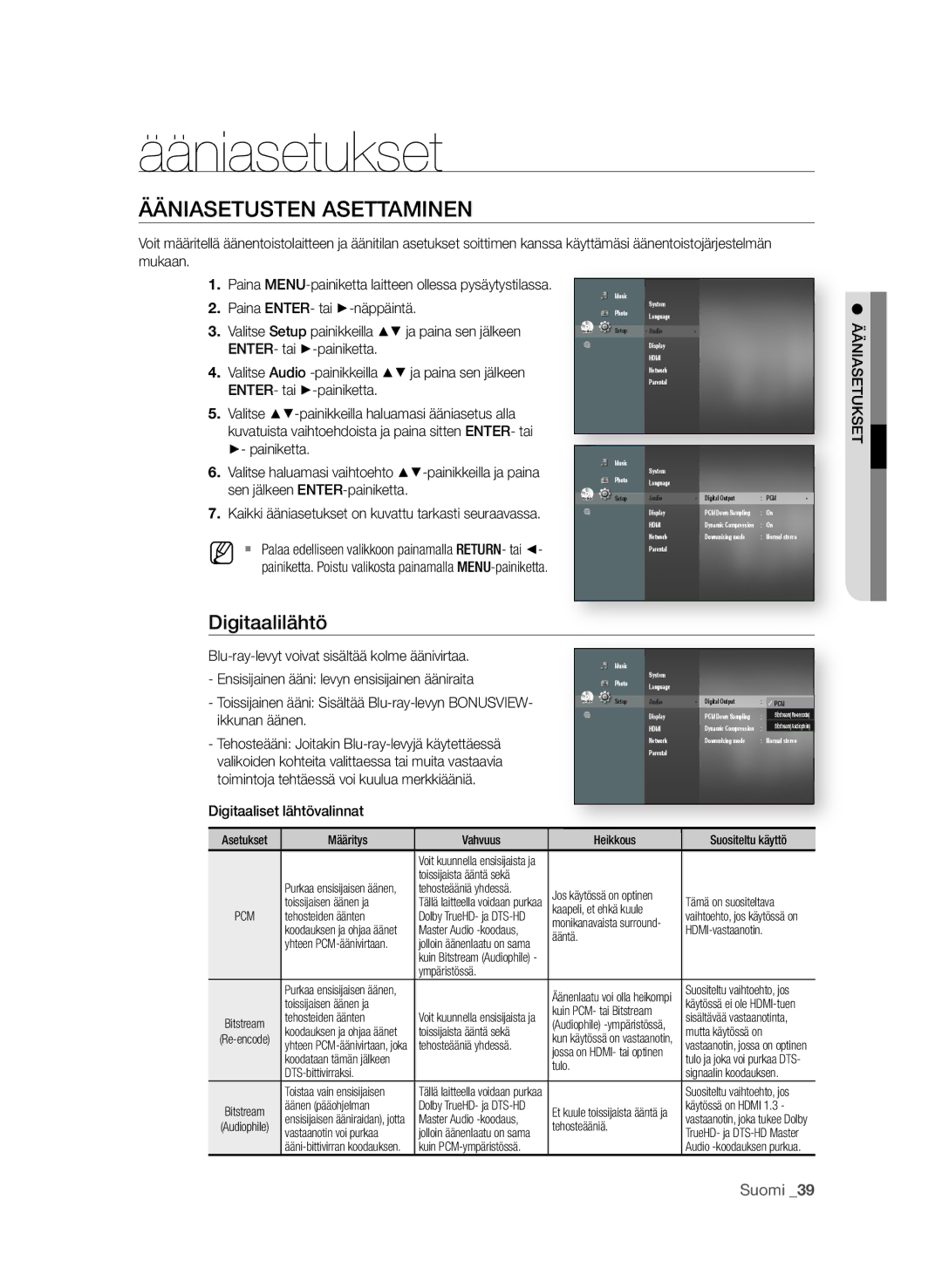 Samsung BD-P4600/XEE manual Ääniasetukset, ÄäniaSetuSten aSettaminen, Digitaalilähtö 