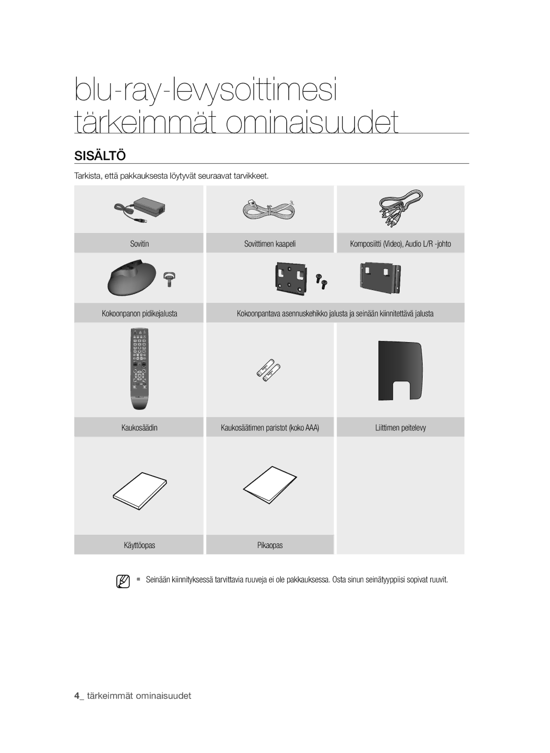 Samsung BD-P4600/XEE manual Sisältö, Tarkista, että pakkauksesta löytyvät seuraavat tarvikkeet, Sovittimen kaapeli 