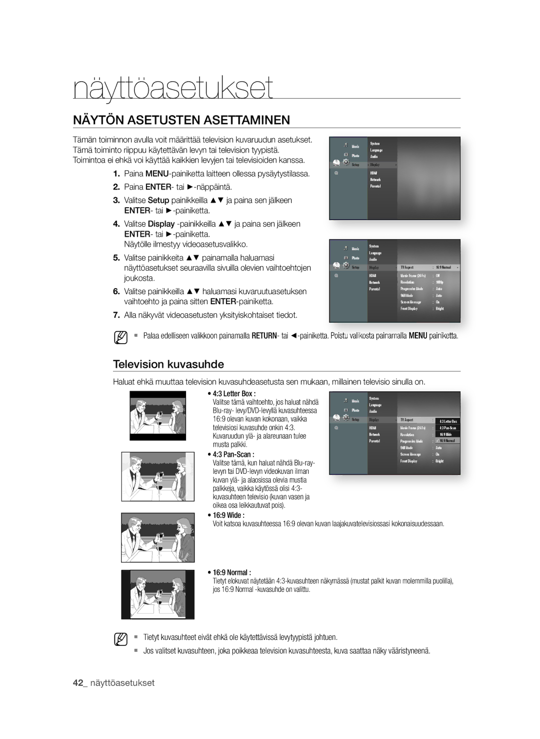 Samsung BD-P4600/XEE manual Näyttöasetukset, Näytön aSetuSten aSettaminen, Television kuvasuhde 