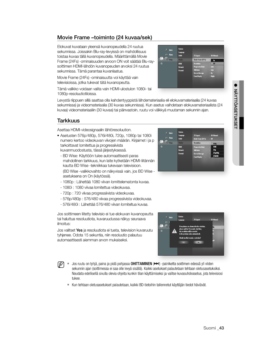 Samsung BD-P4600/XEE manual Movie Frame -toiminto 24 kuvaa/sek 