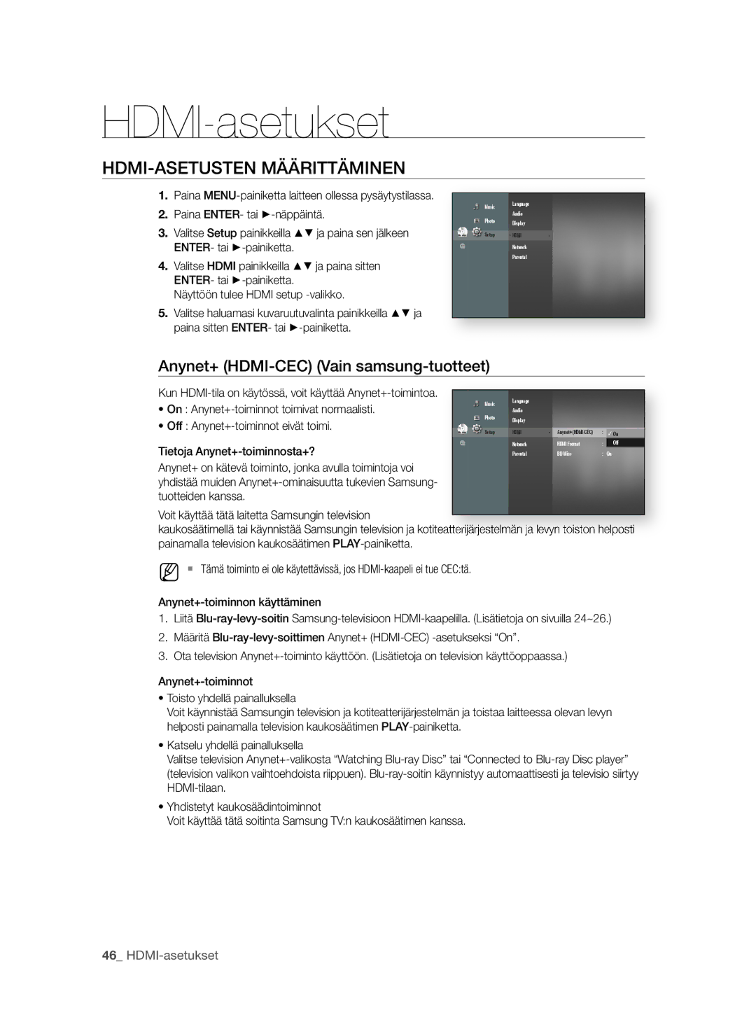 Samsung BD-P4600/XEE manual HDMI-asetukset, Hdmi-aSetuSten määrittäminen, Anynet+ Hdmi-CeC Vain samsung-tuotteet 