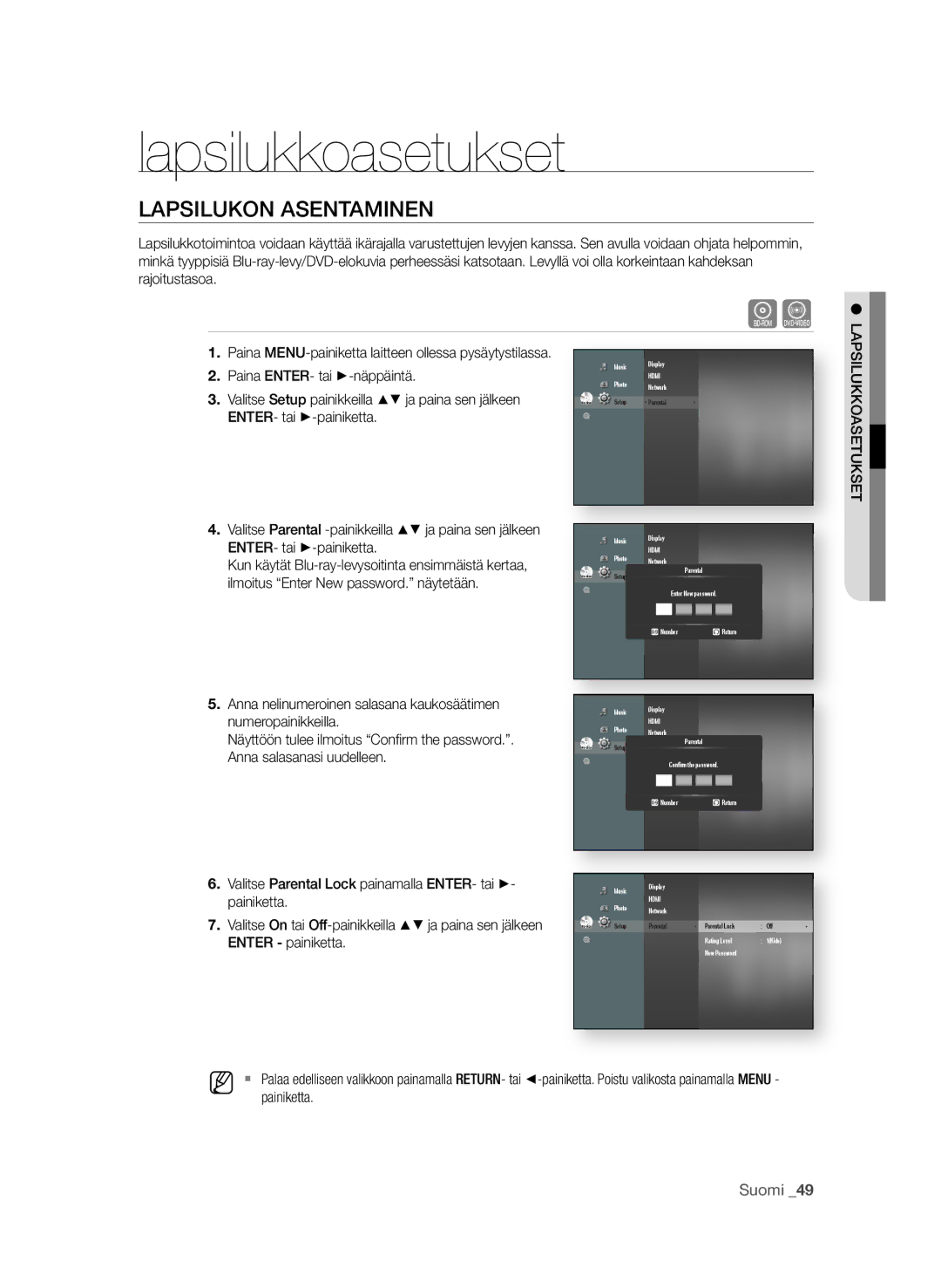 Samsung BD-P4600/XEE manual Lapsilukkoasetukset, LaPSilukon aSentaminen, Valitse Parental lock painamalla enter- tai + 