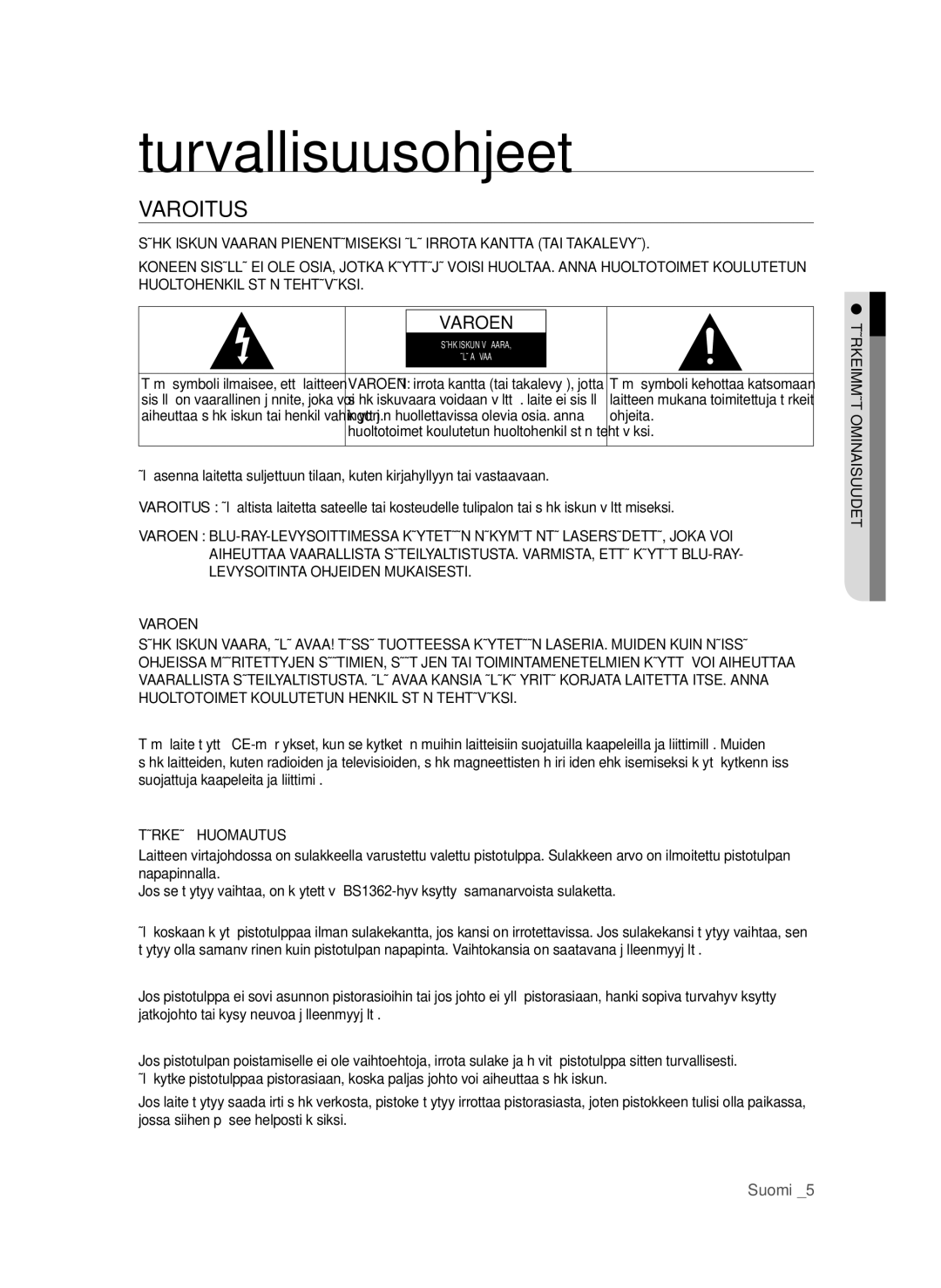 Samsung BD-P4600/XEE manual Turvallisuusohjeet, Varoitus, Ohjeita, Varoen, Tärkeä Huomautus 