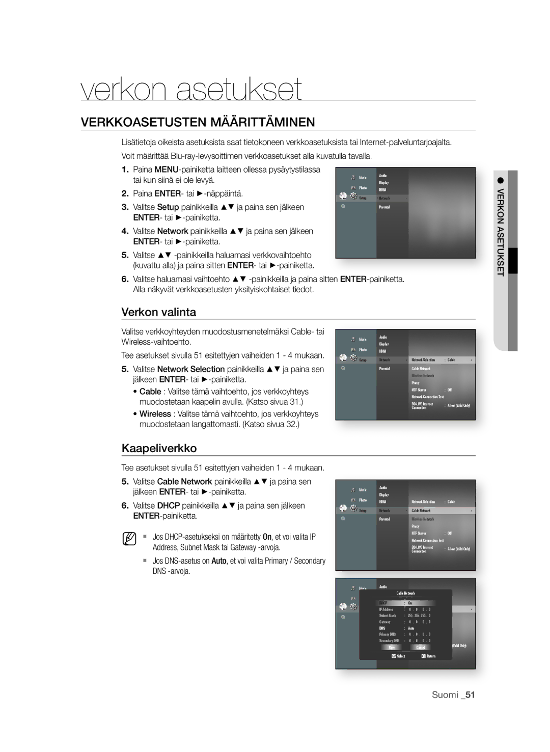 Samsung BD-P4600/XEE manual Verkon asetukset, VerkkoaSetuSten määrittäminen, Verkon valinta 