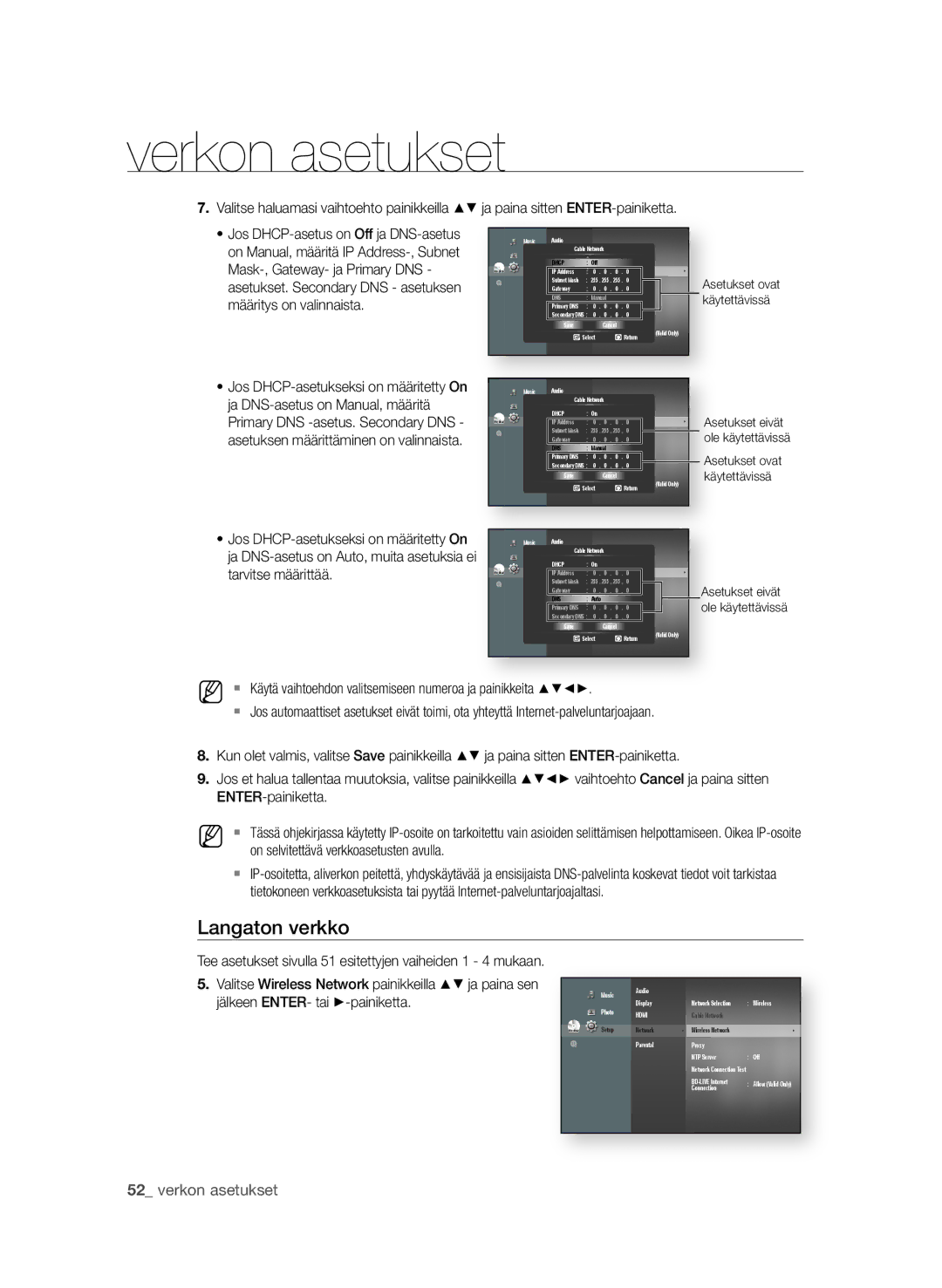 Samsung BD-P4600/XEE Jos DHCP-asetukseksi on määritetty on, Tarvitse määrittää, On selvitettävä verkkoasetusten avulla 