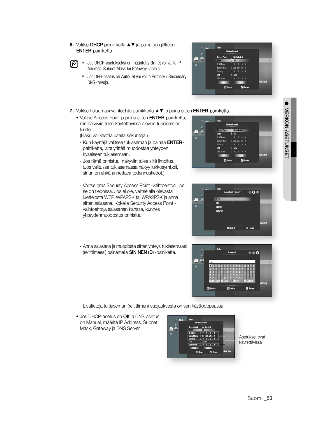 Samsung BD-P4600/XEE manual Enter-painiketta, Address, Subnet Mask tai Gateway -arvoja, DNS -arvoja 