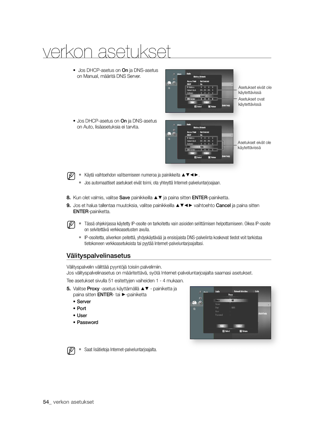 Samsung BD-P4600/XEE manual Välityspalvelinasetus, Paina sitten enter- tai +-painiketta, Server, Port, User 