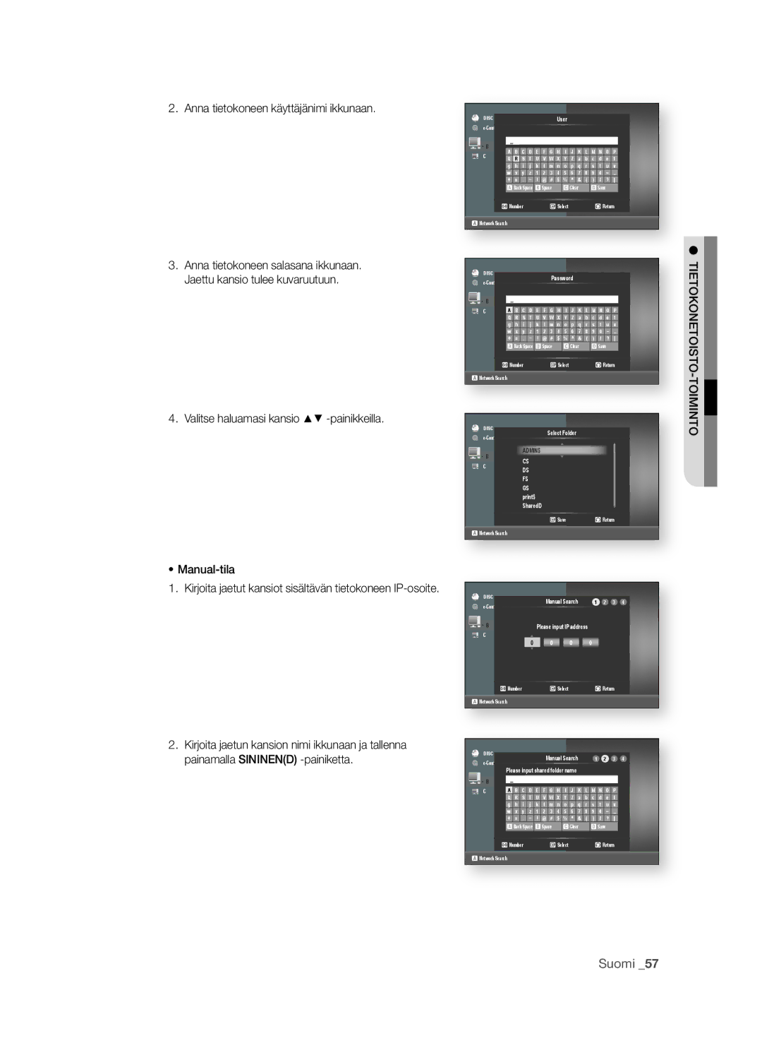 Samsung BD-P4600/XEE manual Anna tietokoneen käyttäjänimi ikkunaan, Admin$ 