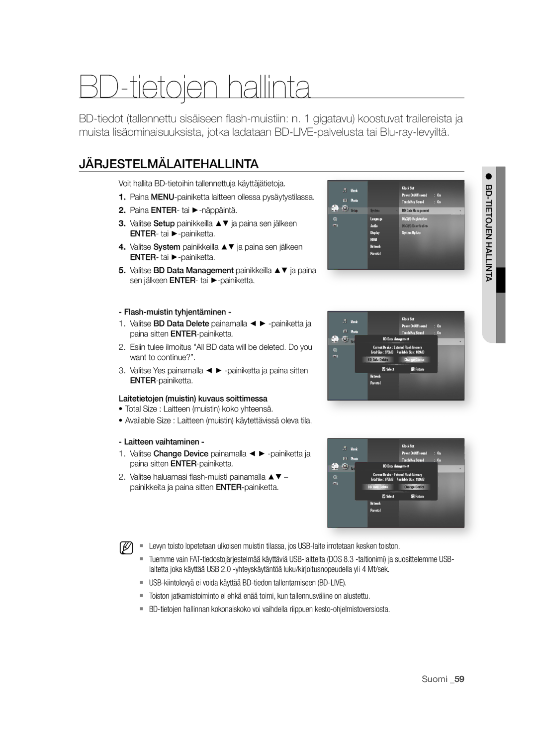 Samsung BD-P4600/XEE manual BD-tietojen hallinta, JärjeStelmälaiteHallinta 