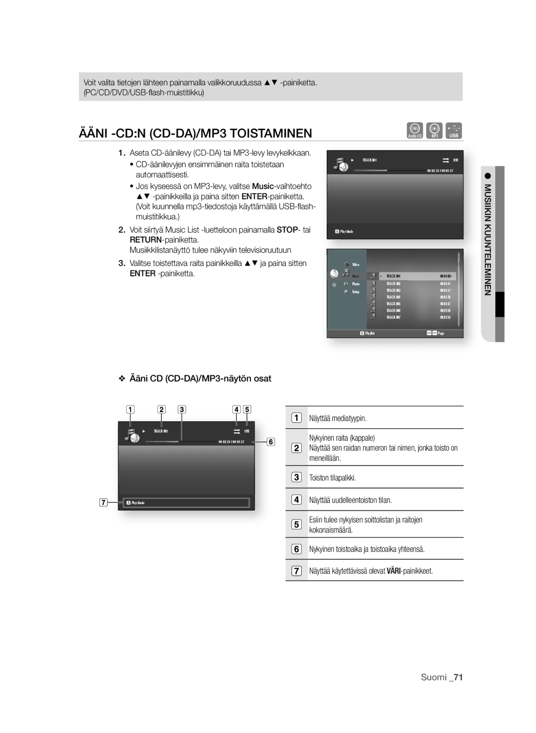 Samsung BD-P4600/XEE manual Ääni -Cdn Cd-da/mP3 toiStaminen, CD-äänilevyjen ensimmäinen raita toistetaan automaattisesti 