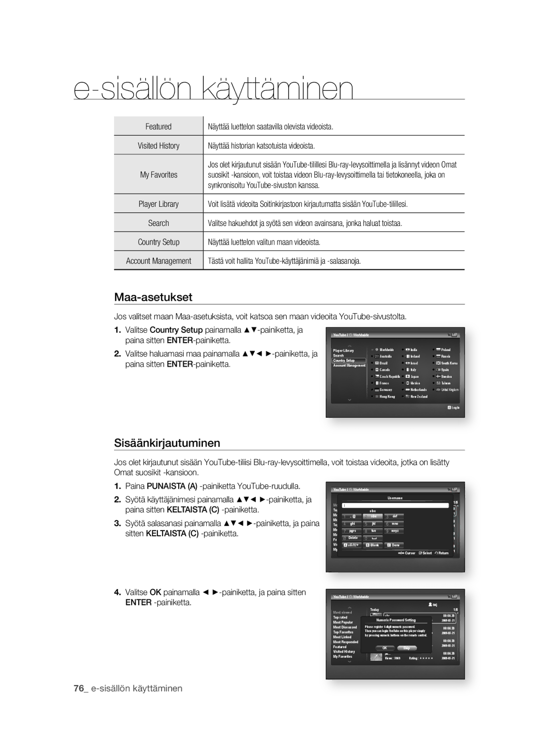 Samsung BD-P4600/XEE manual Maa-asetukset, Sisäänkirjautuminen 