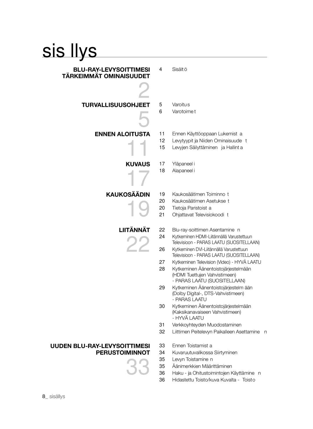 Samsung BD-P4600/XEE manual Sisällys, Kytkeminen Television Video Hyvä Laatu, Paras Laatu Suositellaan 