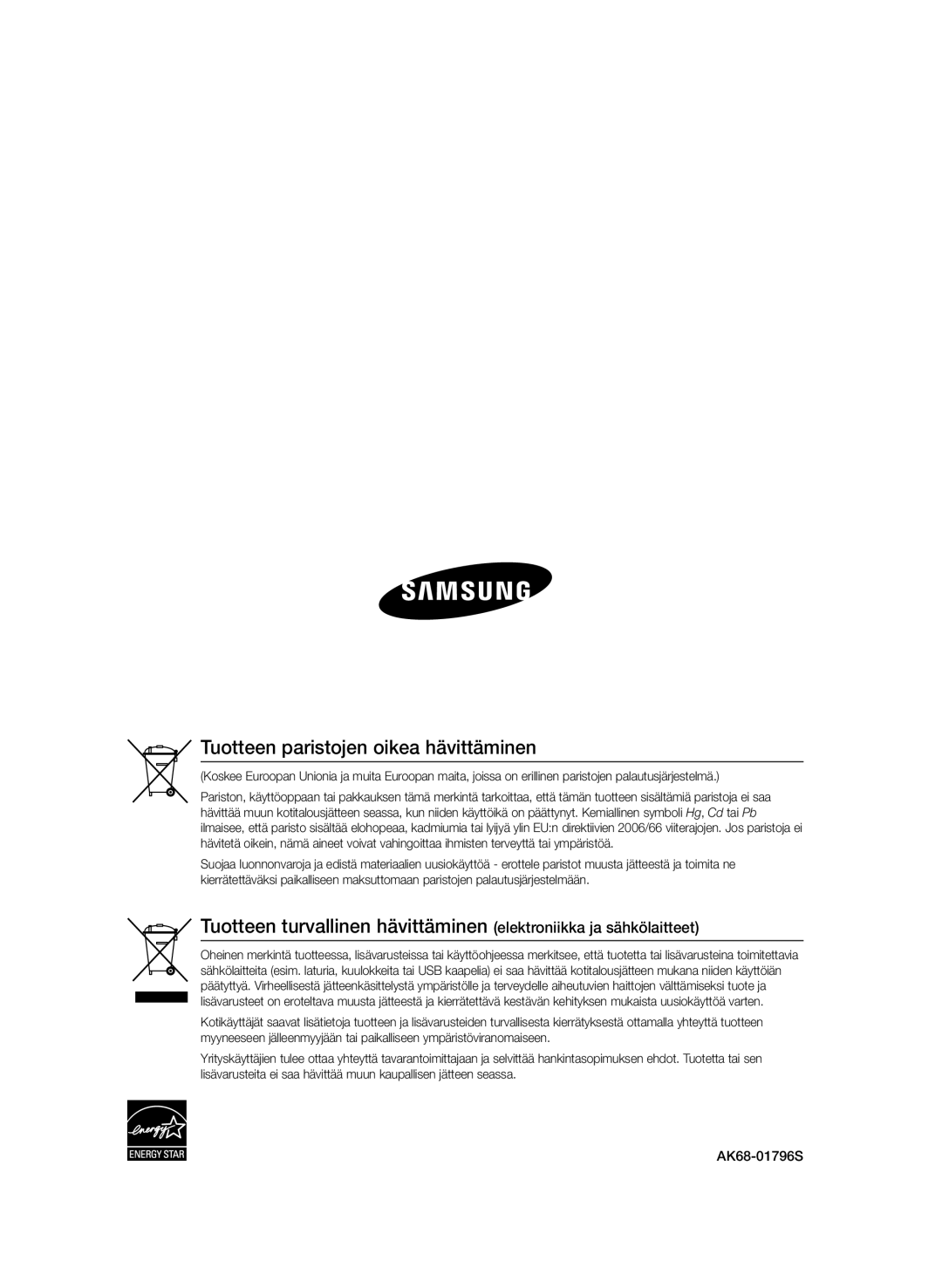 Samsung BD-P4600/XEE manual Tuotteen paristojen oikea hävittäminen 