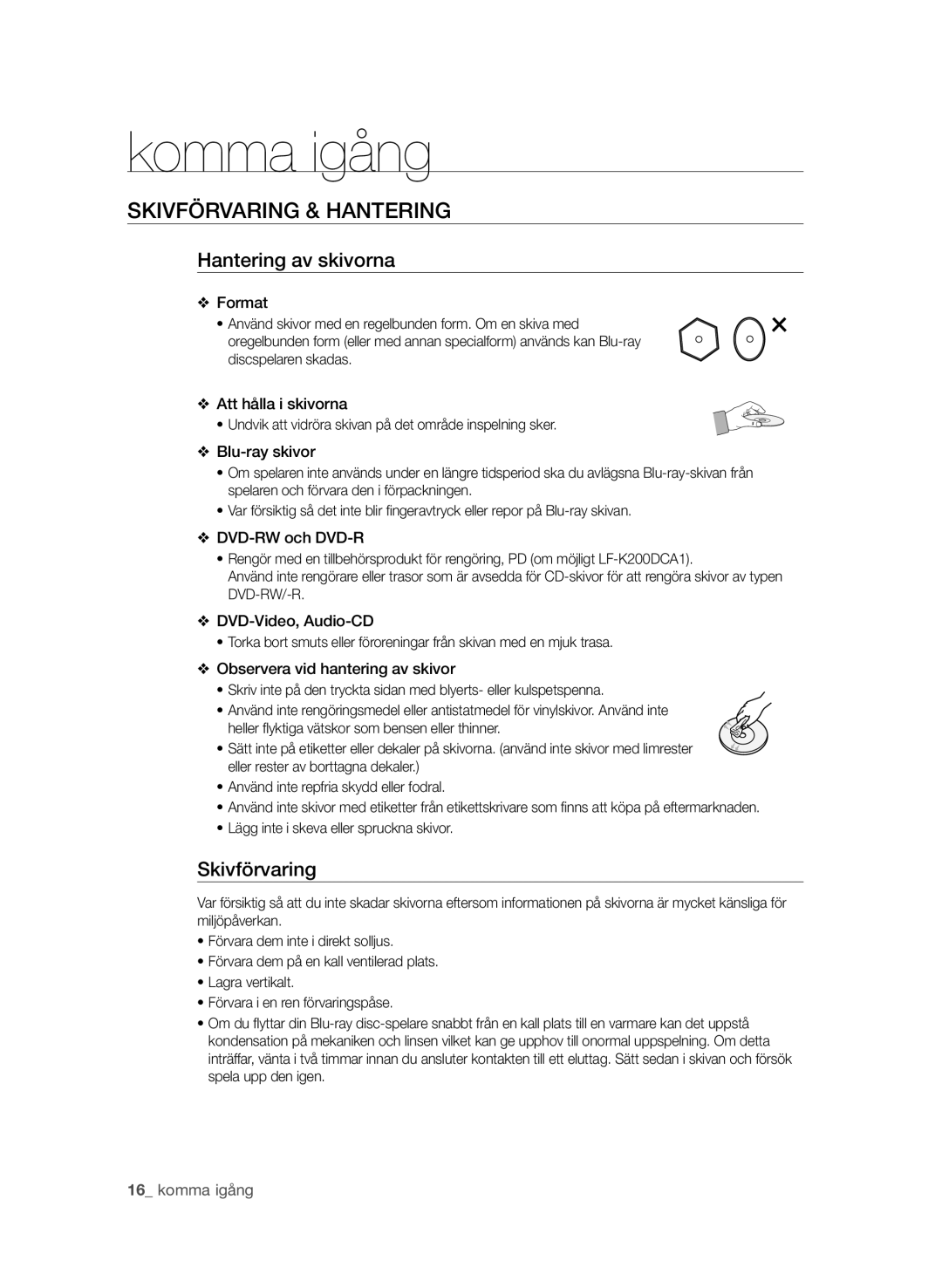 Samsung BD-P4600/XEE manual Skivförvaring & hantering, Hantering av skivorna 