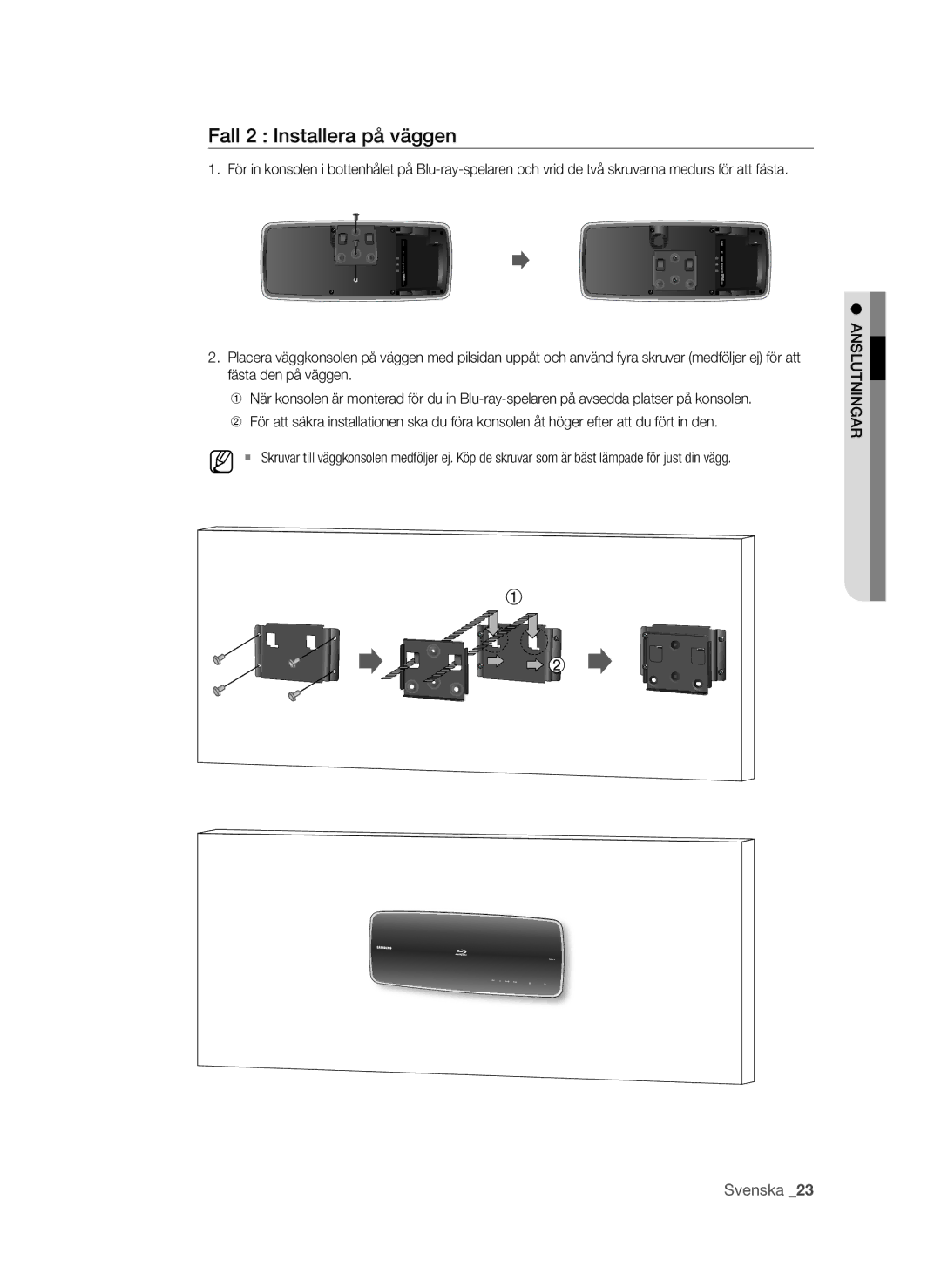 Samsung BD-P4600/XEE manual Fall 2 installera på väggen, AnsLUtningar 