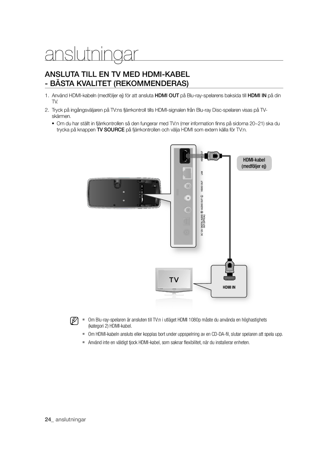 Samsung BD-P4600/XEE manual Ansluta tiLl en TV med HDMI-kabel, Kategori 2 HDMI-kabel 