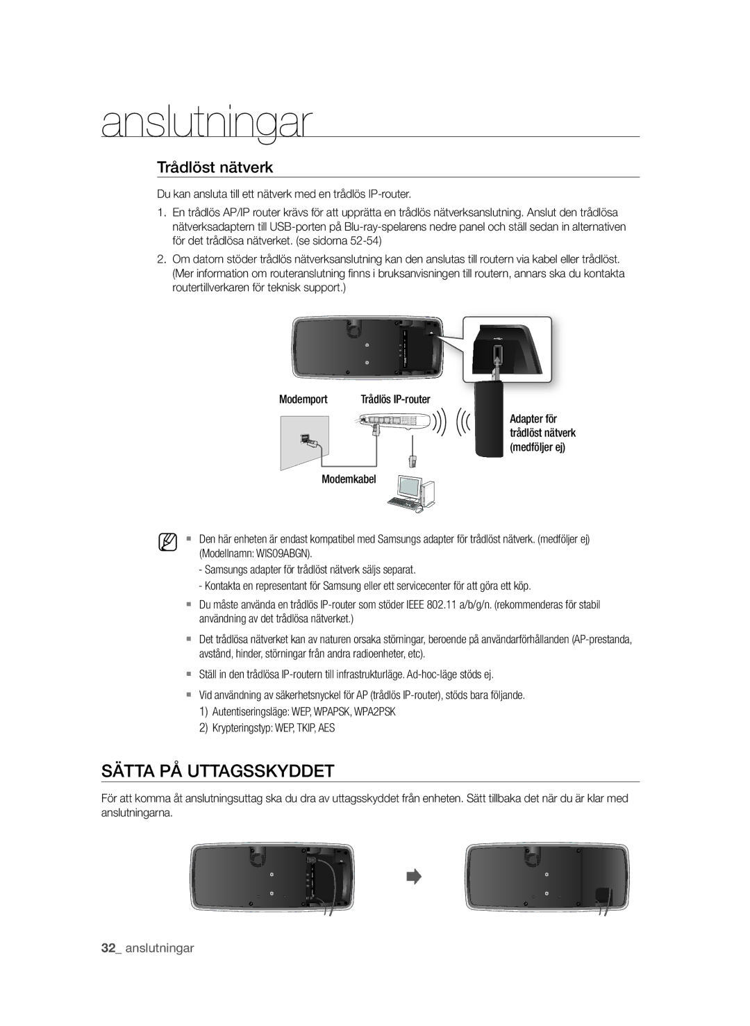 Samsung BD-P4600/XEE manual Sätta På Uttagsskyddet, Trådlöst nätverk, Modemkabel, Modellnamn WIS09ABGN 