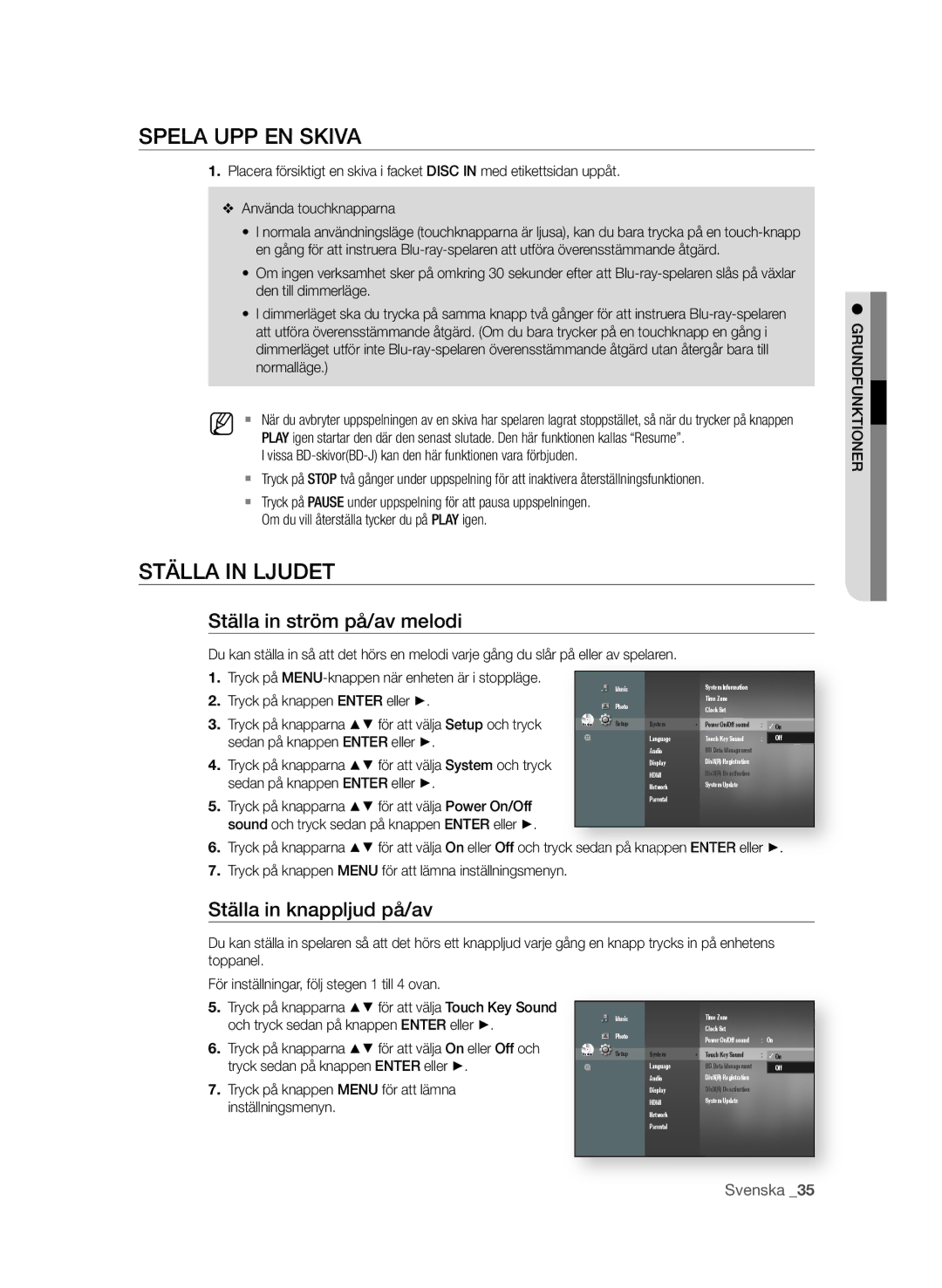 Samsung BD-P4600/XEE manual SPeLa UPP en skiVa, StäLLa in LjUdet, Ställa in ström på/av melodi, Ställa in knappljud på/av 