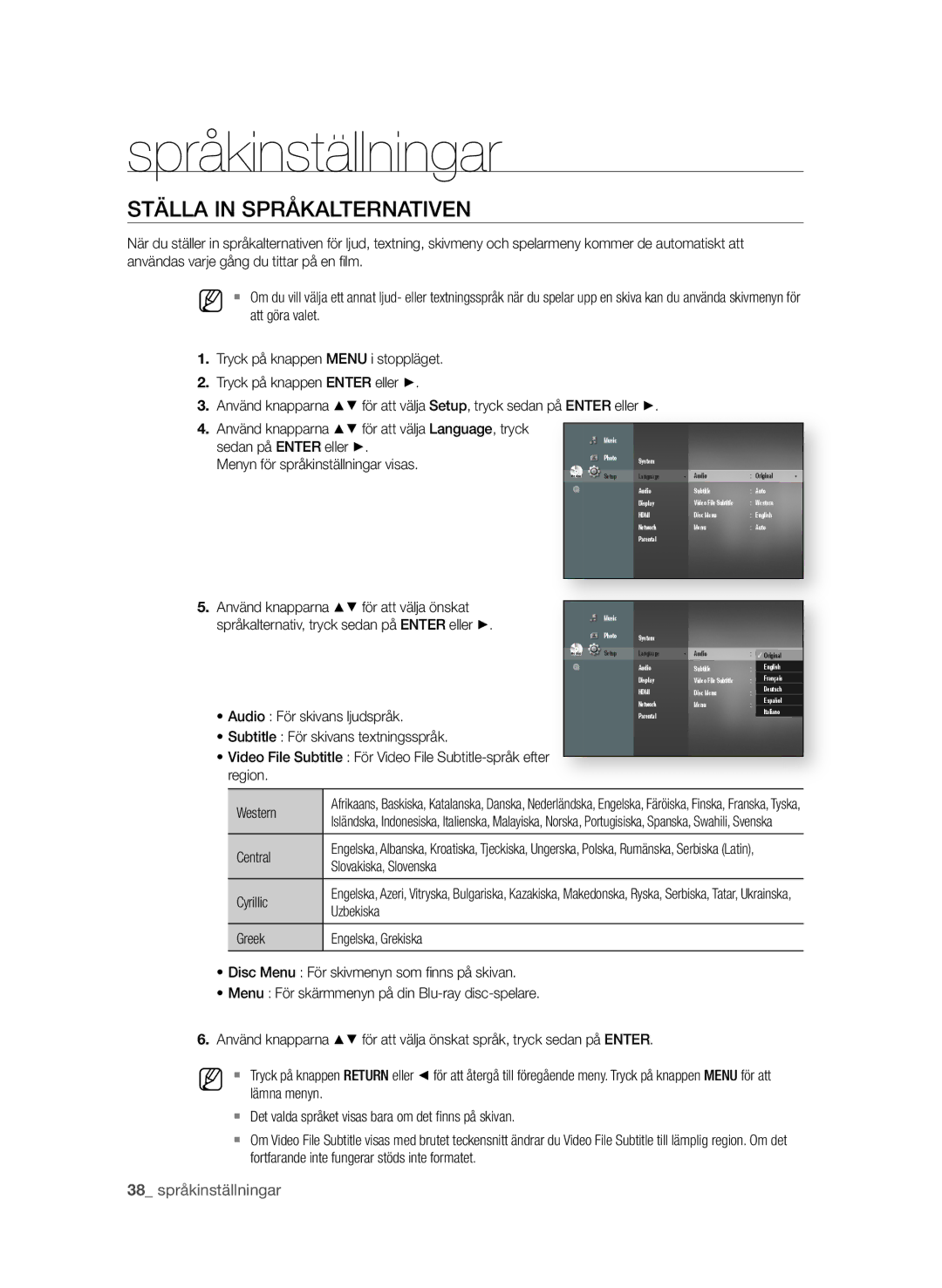 Samsung BD-P4600/XEE manual Språkinställningar, StäLLa in sPråkaLternatiVen 