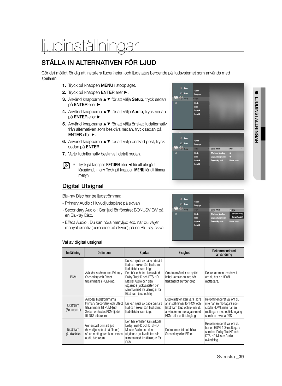 Samsung BD-P4600/XEE manual Ljudinställningar, StäLLa in aLternatiVen fÖr LjUd, Digital Utsignal 