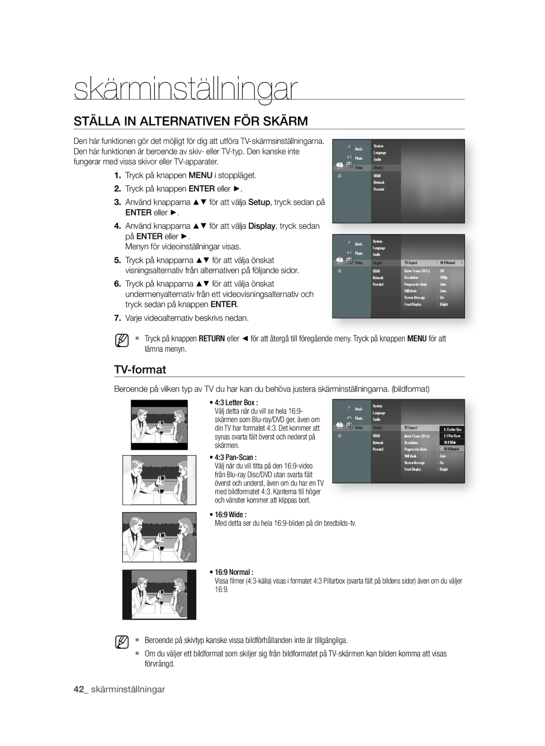 Samsung BD-P4600/XEE manual Skärminställningar, StäLLa in aLternatiVen fÖr skärm, TV-format 