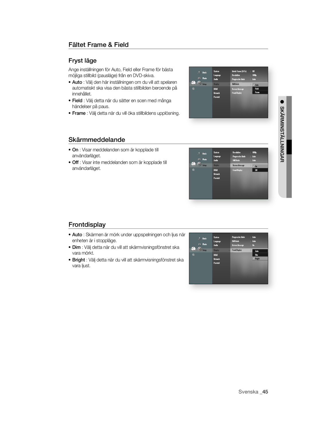 Samsung BD-P4600/XEE manual Fältet frame & field fryst läge, Skärmmeddelande, Frontdisplay 