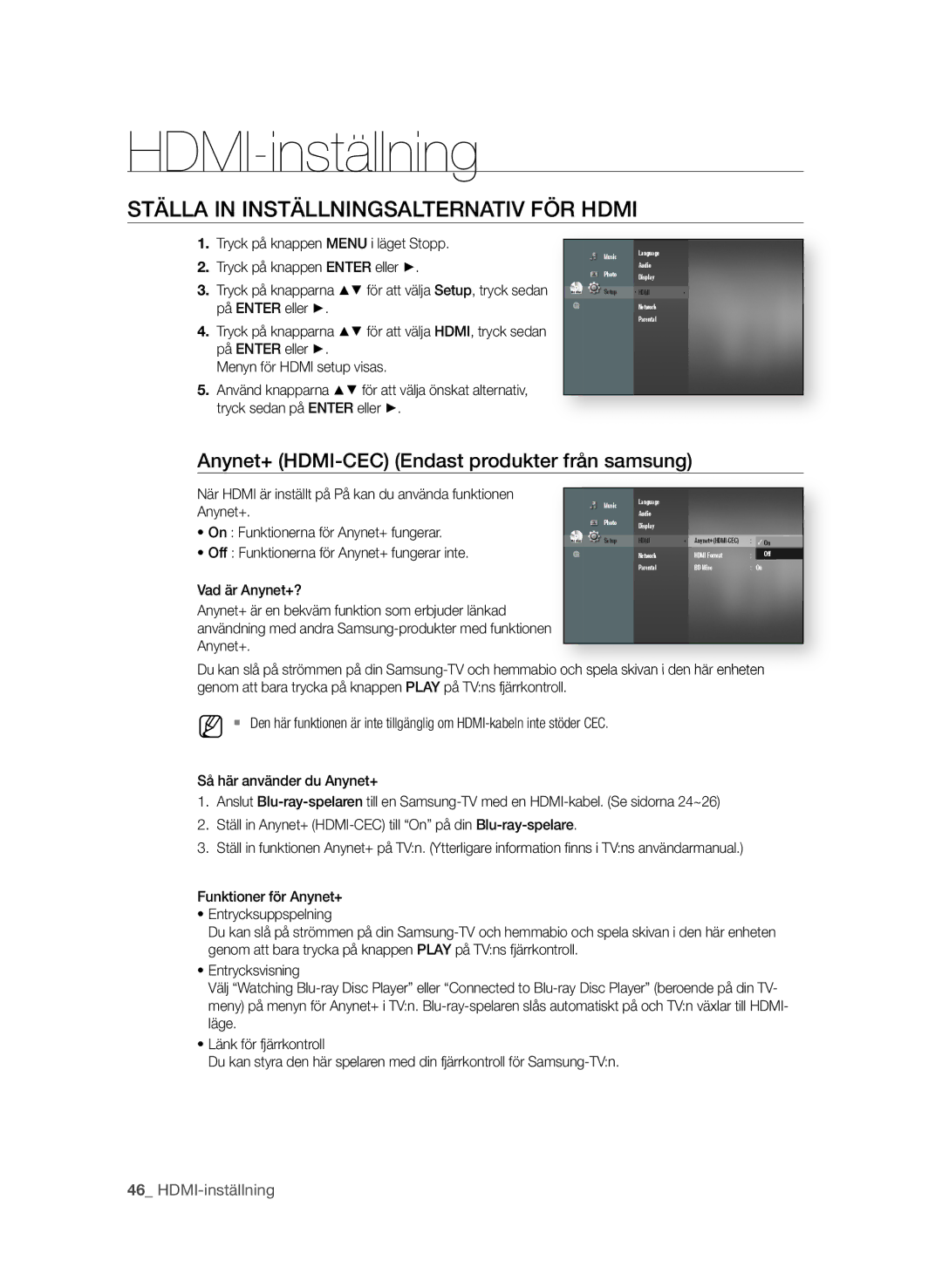 Samsung BD-P4600/XEE manual HDMI-inställning, StäLLa in instäLLningsaLternatiV fÖr hdmi 