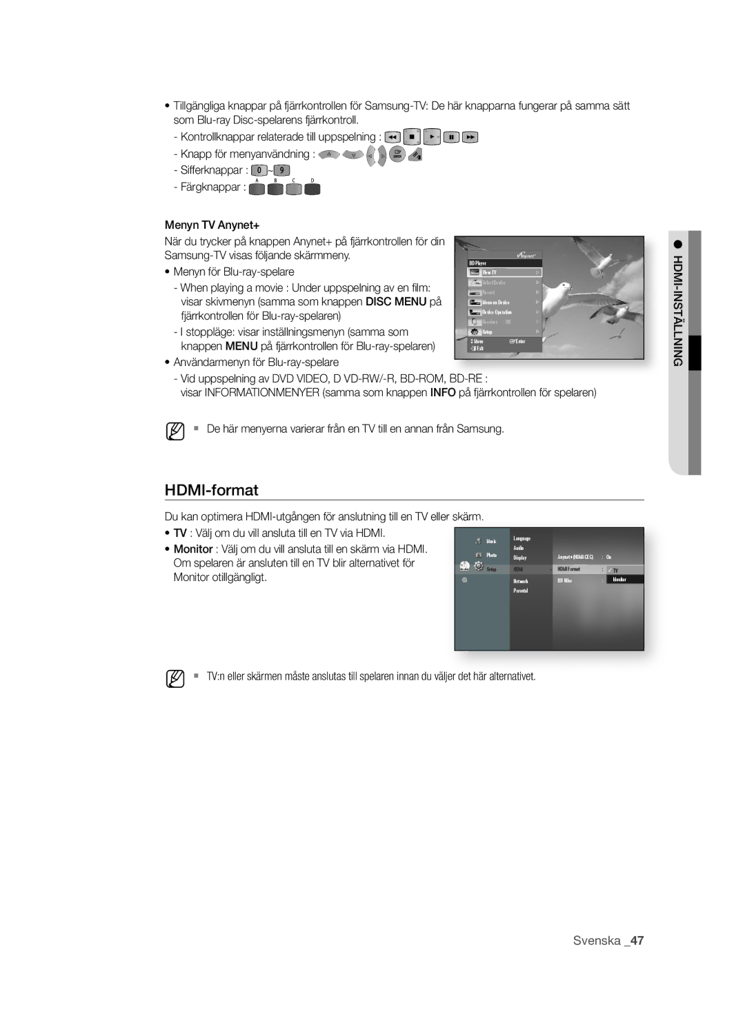 Samsung BD-P4600/XEE manual Hdmi-format, TV Välj om du vill ansluta till en TV via Hdmi, Monitor otillgängligt 