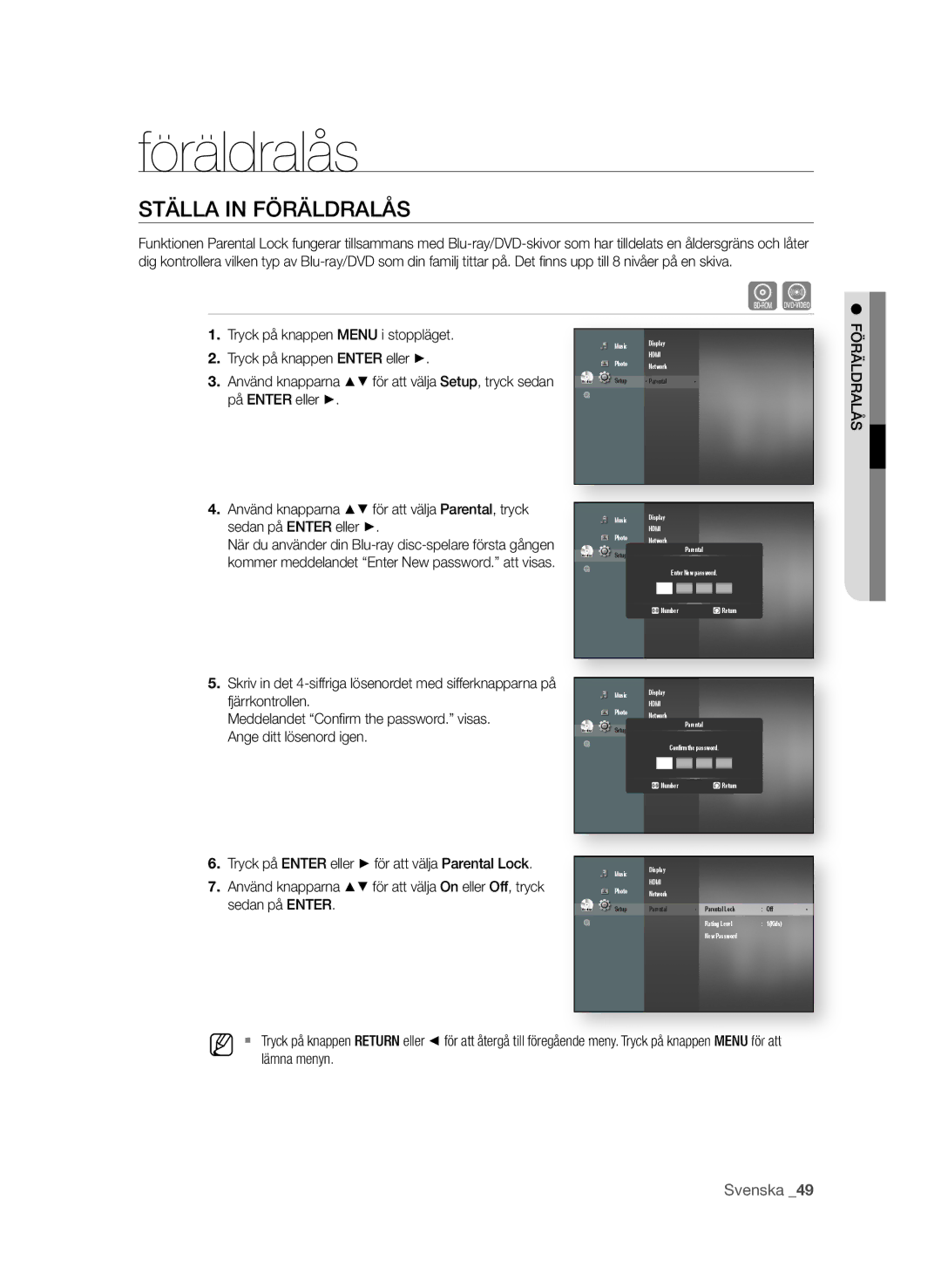 Samsung BD-P4600/XEE manual Föräldralås, StäLLa in fÖräLdraLås 