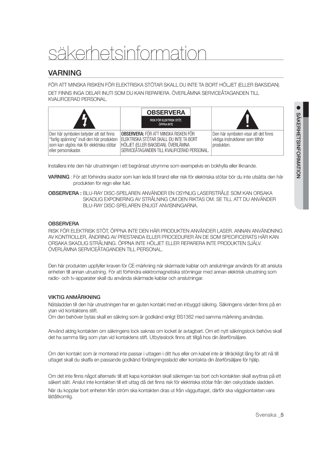 Samsung BD-P4600/XEE manual Säkerhetsinformation, Varning, Viktig Anmärkning 