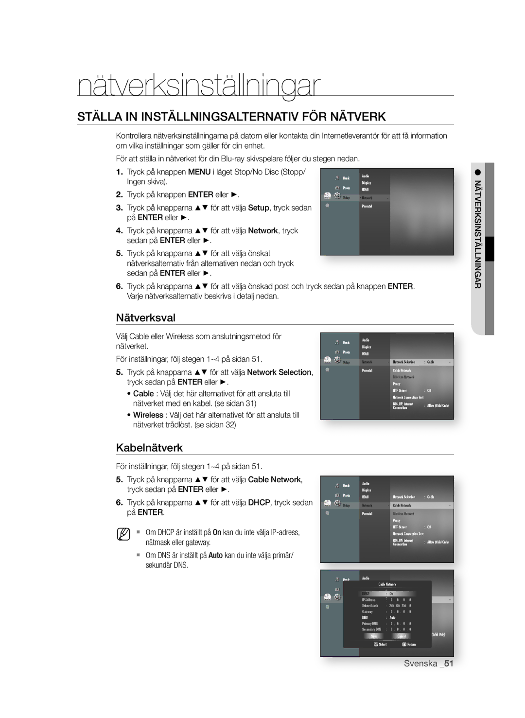 Samsung BD-P4600/XEE manual Nätverksinställningar, StäLLa in instäLLningsaLternatiV fÖr nätVerk 