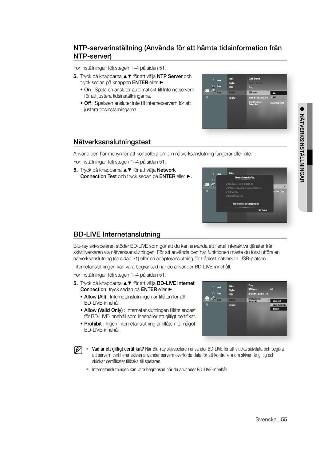 Samsung BD-P4600/XEE manual Nätverksanslutningstest, Bd-LiVe internetanslutning 