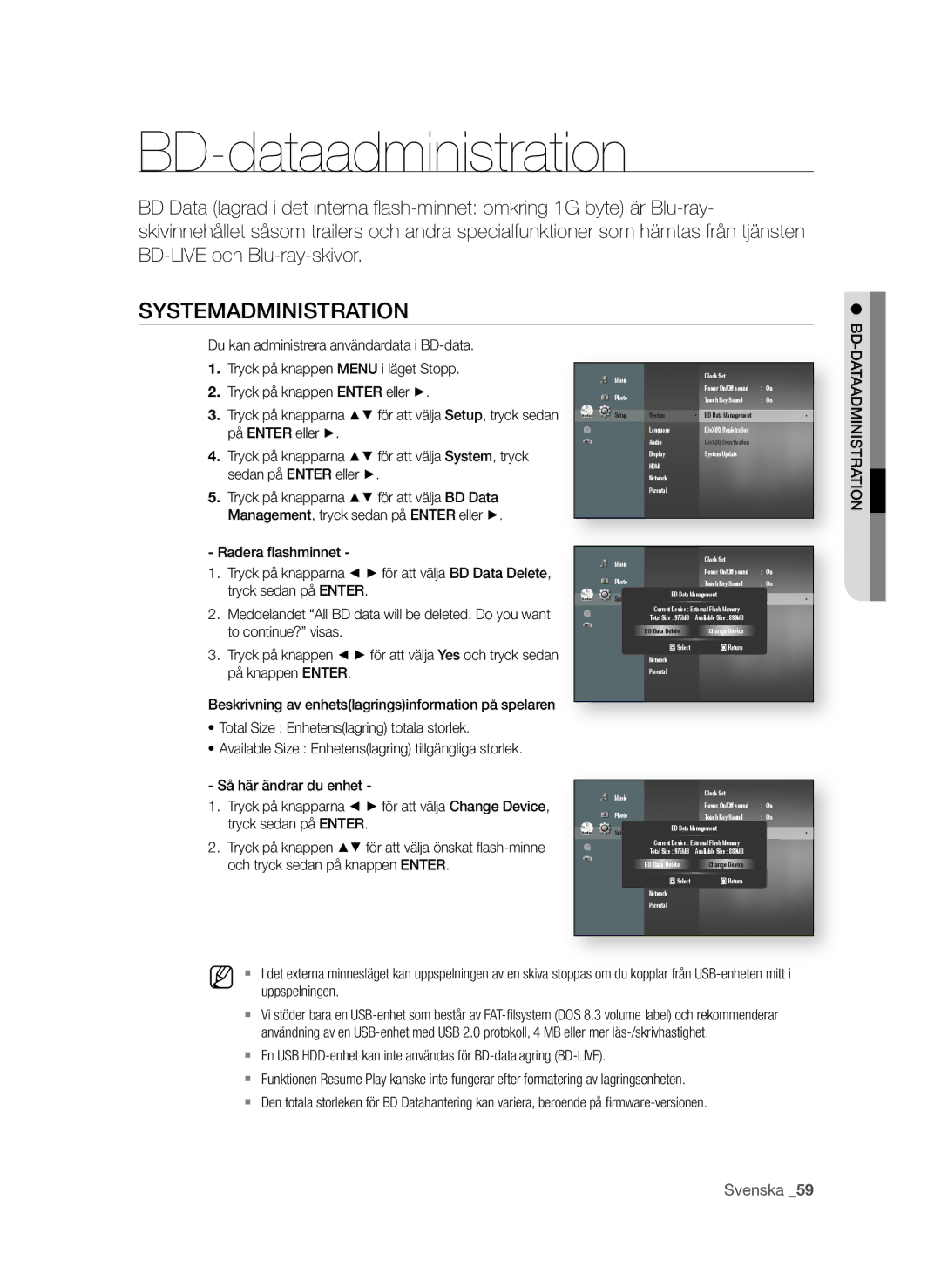 Samsung BD-P4600/XEE BD-dataadministration, Systemadministration, Total Size Enhetenslagring totala storlek, Uppspelningen 