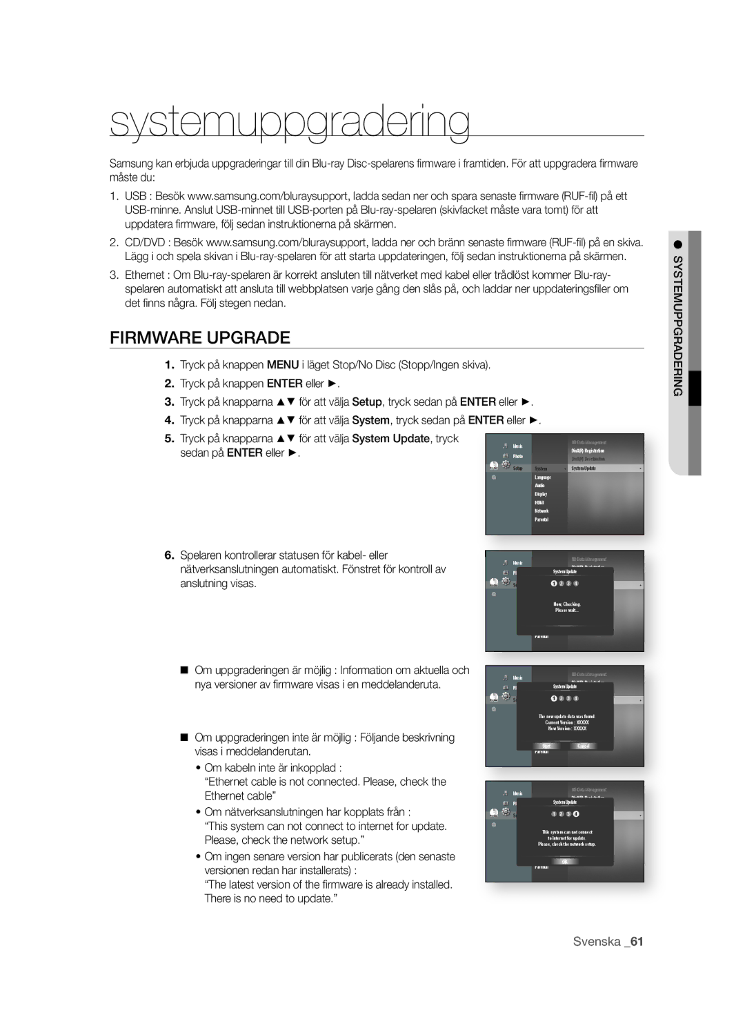 Samsung BD-P4600/XEE manual Systemuppgradering, FirmWare UPgrade 