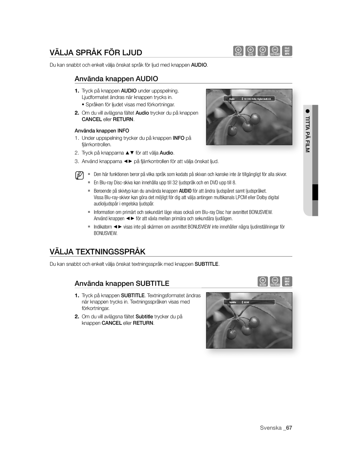 Samsung BD-P4600/XEE manual VäLja sPråk fÖr LjUd, VäLja teXtningssPråk, Använda knappen aUdio, Använda knappen sUBtitLe 