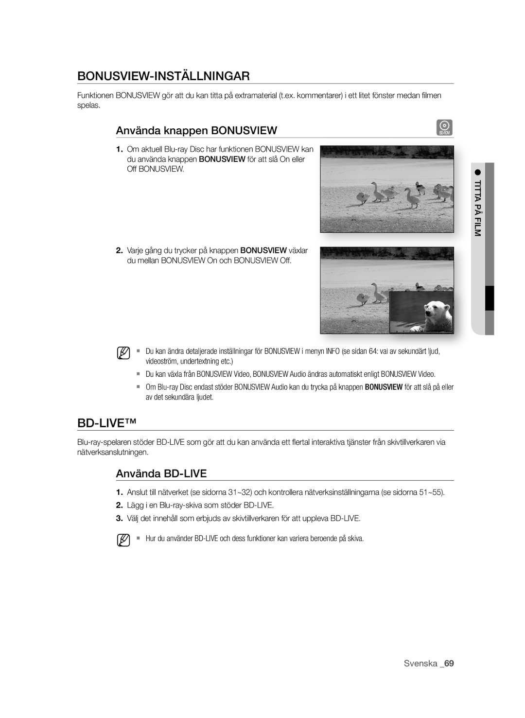 Samsung BD-P4600/XEE manual BonUsVieW-instäLLningar, Använda knappen BonUsVieW, Använda Bd-LiVe 