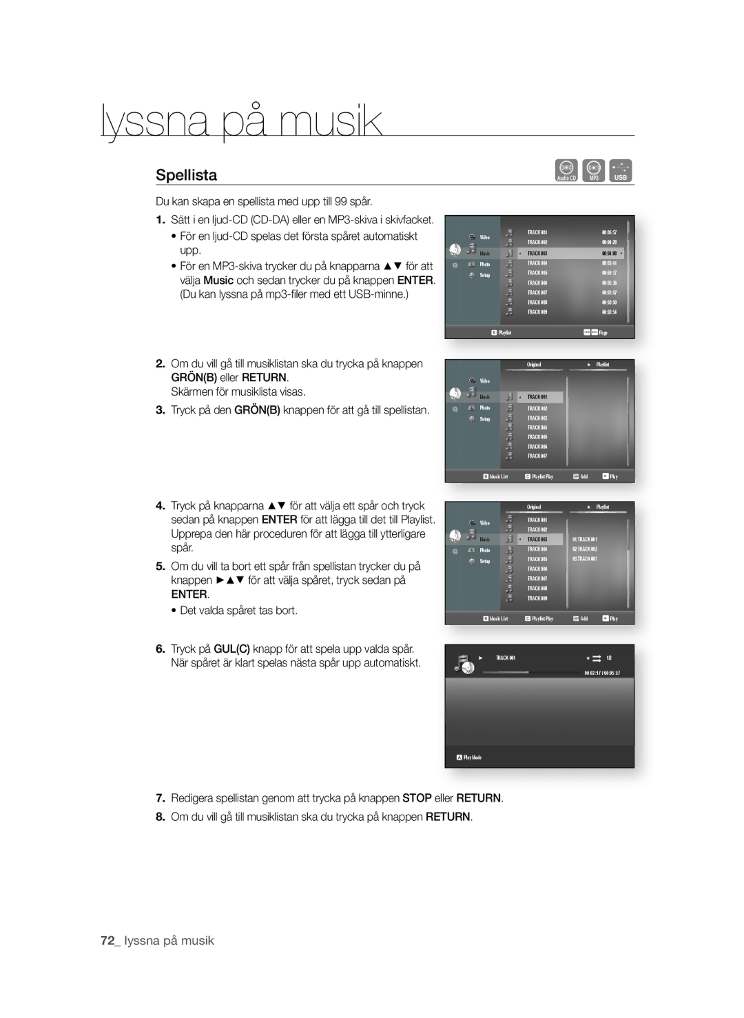 Samsung BD-P4600/XEE manual Spellista, Du kan skapa en spellista med upp till 99 spår 